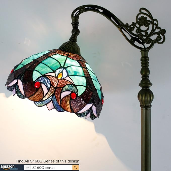 WERFACTORY Tiffany Floor Lamp Green Liaison Stained Glass Arched Lamp 12X18X64 Inches Gooseneck Adjustable Corner Standing Reading Light Decor Bedroom Living Room S160G Series - LeafyLoom