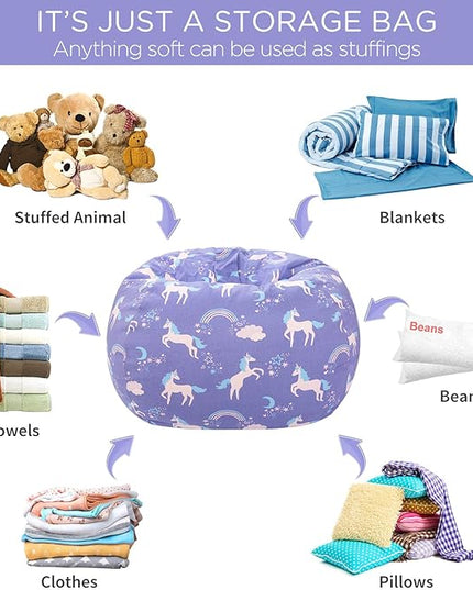Aubliss Stuffed Animal Storage Bean Bag, Unicorn Bean bag Chair, Stuff 'n Sit for Kids, Large 38"-Canvas Unicorn Blue - LeafyLoom