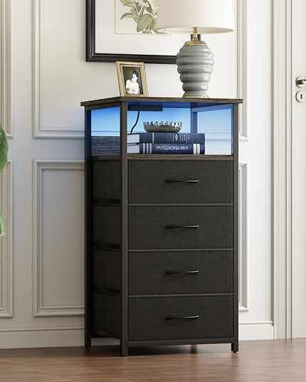 Fixwal Dressers for Bedroom Night Stand with Charging Station, LED Tall Nightstand with USB Ports and Outlets, 4 Fabric Storage Drawers with PU Finish, Small Dresser Bed Side Table, Charcoal Gray - LeafyLoom