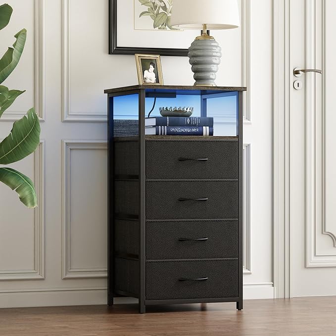 Fixwal Dressers for Bedroom Night Stand with Charging Station, LED Tall Nightstand with USB Ports and Outlets, 4 Fabric Storage Drawers with PU Finish, Small Dresser Bed Side Table, Charcoal Gray - LeafyLoom