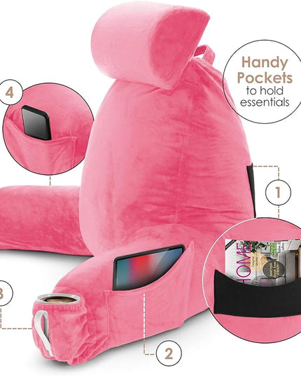 Clara Clark Reading Pillow, Large Back Pillow for Sitting Up in Bed, Memory Foam Back Support Pillow, Reading Pillows for Sitting in Bed Adult, Light Pink Sit Up Pillow for Bed with Arms and Pockets - LeafyLoom