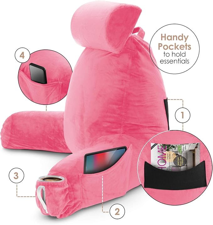 Clara Clark Reading Pillow, Large Back Pillow for Sitting Up in Bed, Memory Foam Back Support Pillow, Reading Pillows for Sitting in Bed Adult, Light Pink Sit Up Pillow for Bed with Arms and Pockets - LeafyLoom