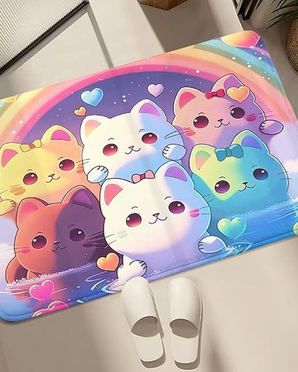 Rainbow Cat Rug for Girls - Colorful Cat Rug for Kids Bedroom Cute Cartoon Cat Pattern Rug Lovely Cat Rugs Room Decor Anime Cat Area Rug, 2x3 Feet - LeafyLoom