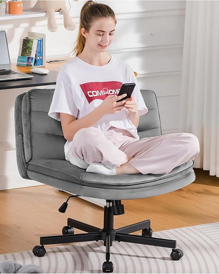 COMHOMA Criss Cross Chair with Wheels, Armless Wide Cross Legged Office Chair Mid Back, Modern Home Office Desk Chair Swivel Adjustable Vanity Computer Chair, Gray Velvet - LeafyLoom