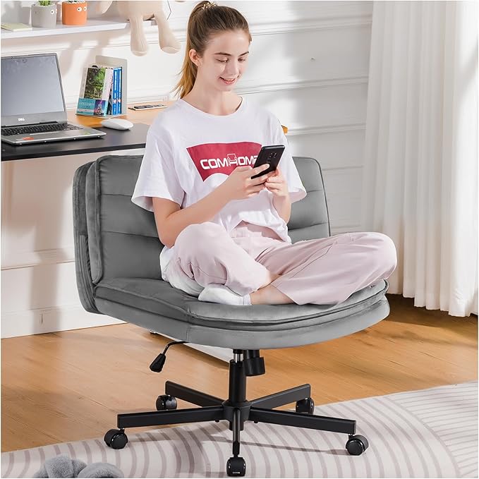COMHOMA Criss Cross Chair with Wheels, Armless Wide Cross Legged Office Chair Mid Back, Modern Home Office Desk Chair Swivel Adjustable Vanity Computer Chair, Gray Velvet - LeafyLoom