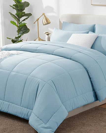 CozyLux Full Size Comforter Sets - 7 Pieces Bed in a Bag Set Light Blue, Bedding Sets Full with All Season Quilted Comforter, Flat Sheet, Fitted Sheet, Pillowcases, Light Blue, Full - LeafyLoom
