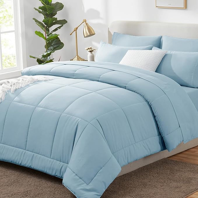 CozyLux Full Size Comforter Sets - 7 Pieces Bed in a Bag Set Light Blue, Bedding Sets Full with All Season Quilted Comforter, Flat Sheet, Fitted Sheet, Pillowcases, Light Blue, Full - LeafyLoom
