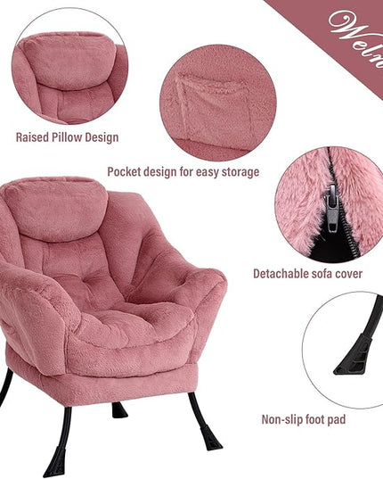 Welnow Lazy Chair with Ottoman, Modern Lounge Accent Chair with Armrests and a Side Pocket, Leisure Sofa Chair Set, Reading Chair with Footrest for Small Space, Corner Chair, Plush Dark Pink - LeafyLoom