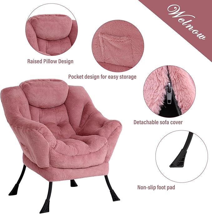 Welnow Lazy Chair with Ottoman, Modern Lounge Accent Chair with Armrests and a Side Pocket, Leisure Sofa Chair Set, Reading Chair with Footrest for Small Space, Corner Chair, Plush Dark Pink - LeafyLoom