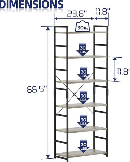 NUMENN 6 Tier Bookshelf, Tall Bookcase Shelf Storage Organizer, Modern Book Shelf for Bedroom, Living Room and Home Office, Grey - LeafyLoom