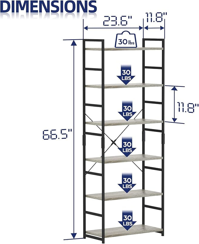 NUMENN 6 Tier Bookshelf, Tall Bookcase Shelf Storage Organizer, Modern Book Shelf for Bedroom, Living Room and Home Office, Grey - LeafyLoom