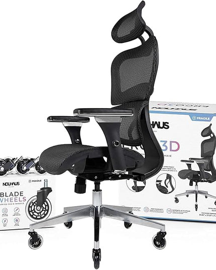 Nouhaus Ergo3D Ergonomic Office Chair Lumbar Support Mesh Office Chair with 4D Adjustable Armrest, Adjustable Headrest and Wheels, Mesh High Back Home Office Desk Chairs(Black) - LeafyLoom