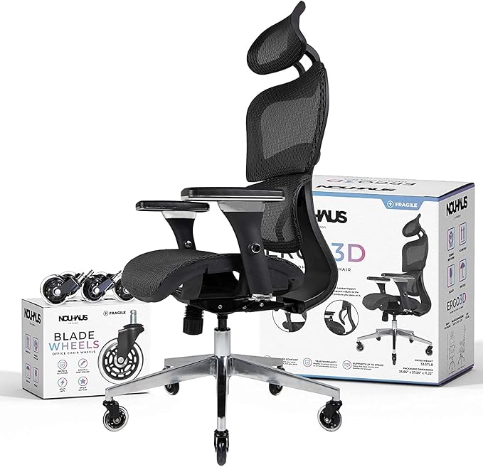 Nouhaus Ergo3D Ergonomic Office Chair Lumbar Support Mesh Office Chair with 4D Adjustable Armrest, Adjustable Headrest and Wheels, Mesh High Back Home Office Desk Chairs(Black) - LeafyLoom