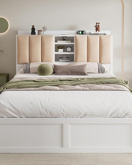 Wood Full Size Platform Bed with Storage Headboard and 4 Drawers, White - LeafyLoom
