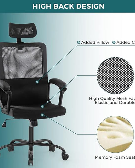 SMUG Office Chair, Ergonomic Mesh Home Office Computer Chair with Lumbar Support/Adjustable Headrest/Armrest and Wheels/Mesh High Back/Swivel Rolling (Black) - LeafyLoom