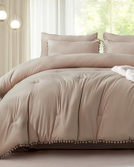 Litanika King Size Comforter Set Taupe,3 Pieces Taupe Boho Pom Pom Lightweight Bed Comforter, All Season Soft Solid Color Bedding Comforter Sets (1 Comforter 104x90 Inch, 2 Pillowcases) - LeafyLoom