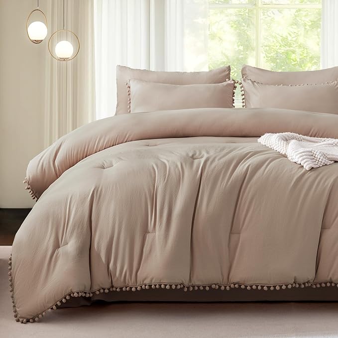 Litanika Queen Size Comforter Set Taupe,3 Pieces Taupe Boho Pom Pom Lightweight Bed Comforter, All Season Soft Solid Color Bedding Comforter Sets (1 Comforter 90x90 Inch, 2 Pillowcases) - LeafyLoom