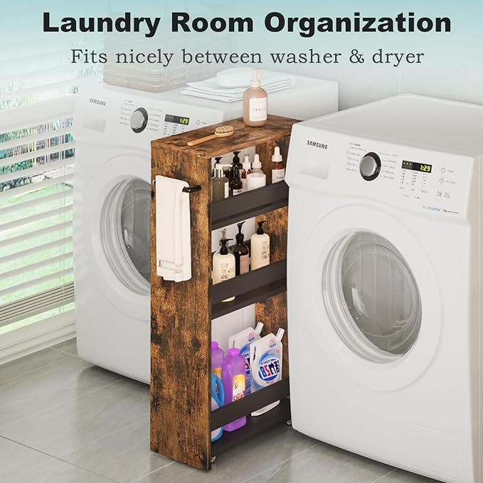 MARTY Rolling Cart 7.9" Width, 4-Tier Utility Carts with Wheels Handle, Slim Kitchen Storage Cart for Bathroom Laundry Room Organization Narrow Places (Rustic Brown) - LeafyLoom