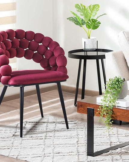 Fuchsia Woven Velvet Barrel Accent Chairs with Black Metal Legs, Upholstered Armchair for Dining Room Vanity Living Room - LeafyLoom