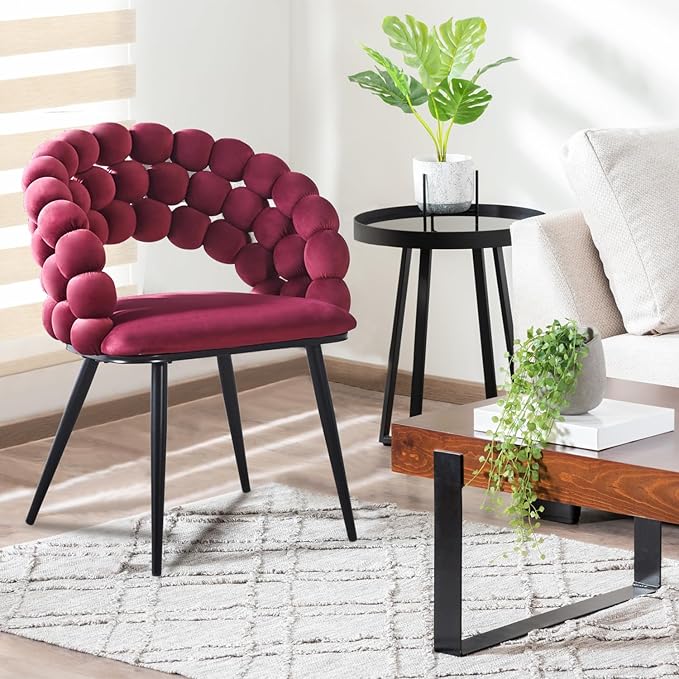 Fuchsia Woven Velvet Barrel Accent Chairs with Black Metal Legs, Upholstered Armchair for Dining Room Vanity Living Room - LeafyLoom