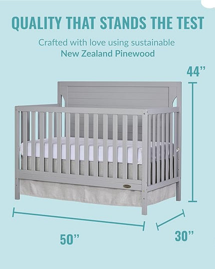 Cape Cod 5-In-1 Convertible Crib In Pebble Grey, Greenguard Gold And JPMA Certified, Built Of Sustainable New Zealand Pinewood, 3 Mattress Height Positions - LeafyLoom