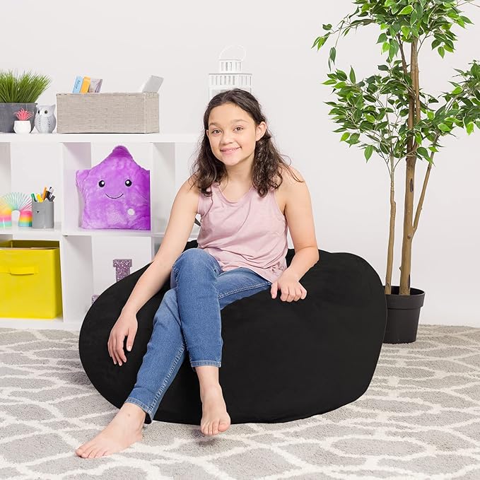 Posh Creations Bean Bag Chair for Kids, Teens, and Adults Includes Removable and Machine Washable Cover, Soft Faux Rabbit Fur - Black, 38in - Large - LeafyLoom