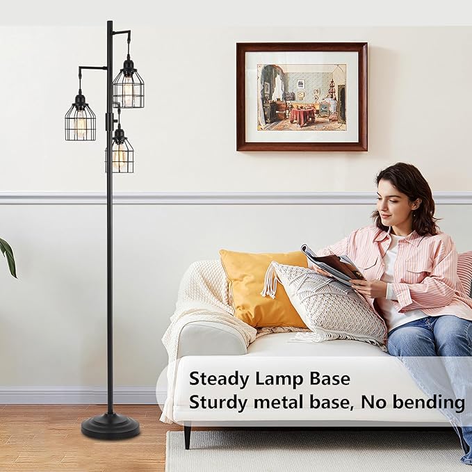 9MMML Floor Lamp for Living Room, Farmhouse Industrial Dimmable Floor lamp,3 Lights Metal Cage Tree Standing Lamp,68", 3Pcs Led Bulbs Included - LeafyLoom