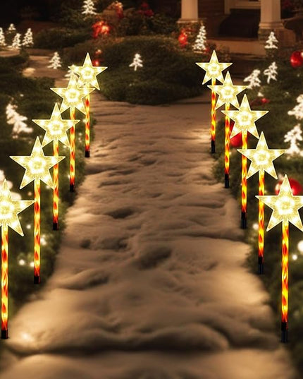 Solar Christmas Pathway Lights Outdoor Decorations, 8 Modes Star Candy Lights Waterproof Led Garden Stake Lights for Walkway Yard Lawn Porch Holiday Decor 5-Pack (Warm White Star Lights) BRIGHTDECK