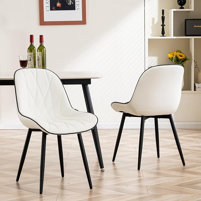 YOUNIKE Dining Chairs Set of 2, White Comfy Padded Kitchen Chairs, Armless Modern Faux Leather Upholstered Dining Room Chairs, Elegant Dinning Chairs Side Chairs, Easy to Clean - LeafyLoom