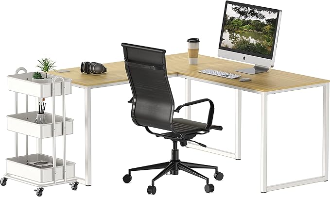 SHW Home Office 55-Inch Large L Shaped Corner Desk, 24" Deep, Oak - LeafyLoom