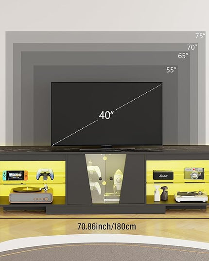 HOME BI TV Stand with LED Lights for TVs up to 70 inch, Entertainment Center with Glass Shelves and Two Cabinets, Console TV Stand for Living Room, 22 RGB Modes, Black - LeafyLoom