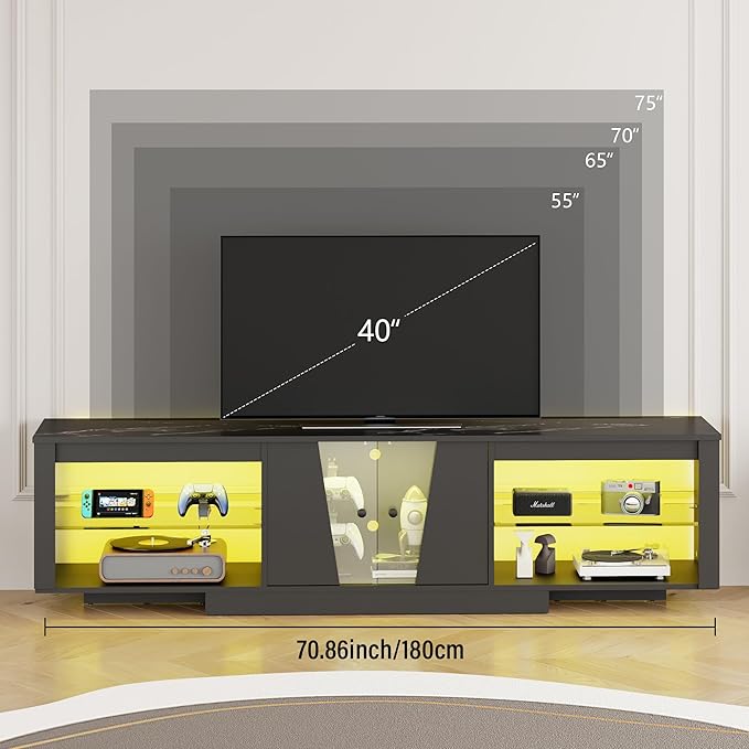 HOME BI TV Stand with LED Lights for TVs up to 70 inch, Entertainment Center with Glass Shelves and Two Cabinets, Console TV Stand for Living Room, 22 RGB Modes, Black - LeafyLoom