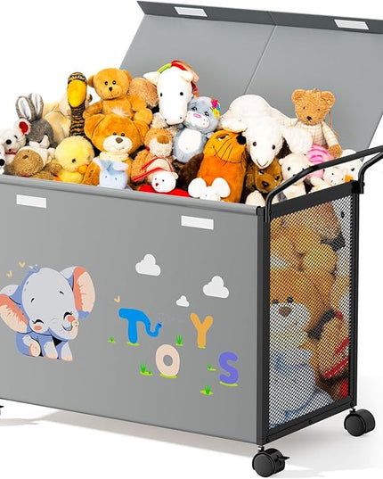 Toy Box Toy Storage - 72L Kids Toy Organizer with Wheels Toy Chest Storage Bins with Lids, Toy Boxes for Girls Boys, Stuffed Animals, Clothes, Bedroom, Living Room （grey） - LeafyLoom