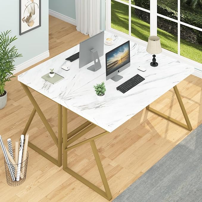 HSH White Faux Marble and Gold Desk, Modern Home Office Executive PC Laptop Computer Desk, Farmhouse Writing Study Work Gaming Table for Bedroom Living Room, Simple Metal Wood Workstation, 55 Inch - LeafyLoom