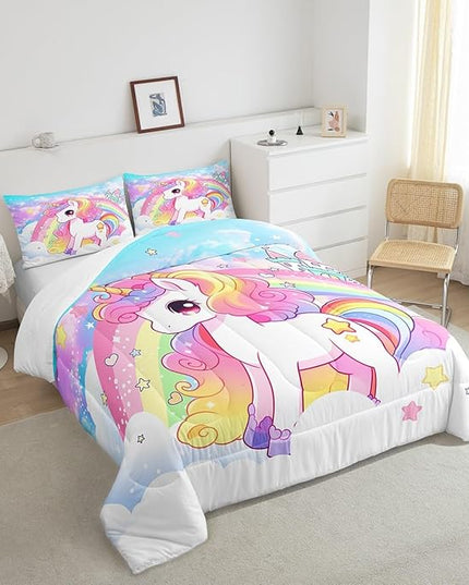 Manfei Cute Unicorn Kids Comforter Set Twin Size,Rainbow Stars Cloud Dreamy Bedding Set,Girls Women Room Decor,Cartoon Animals Castle Girly Down Comforter,Pink Blue Unique Duvet Insert,1 Pillowcase - LeafyLoom