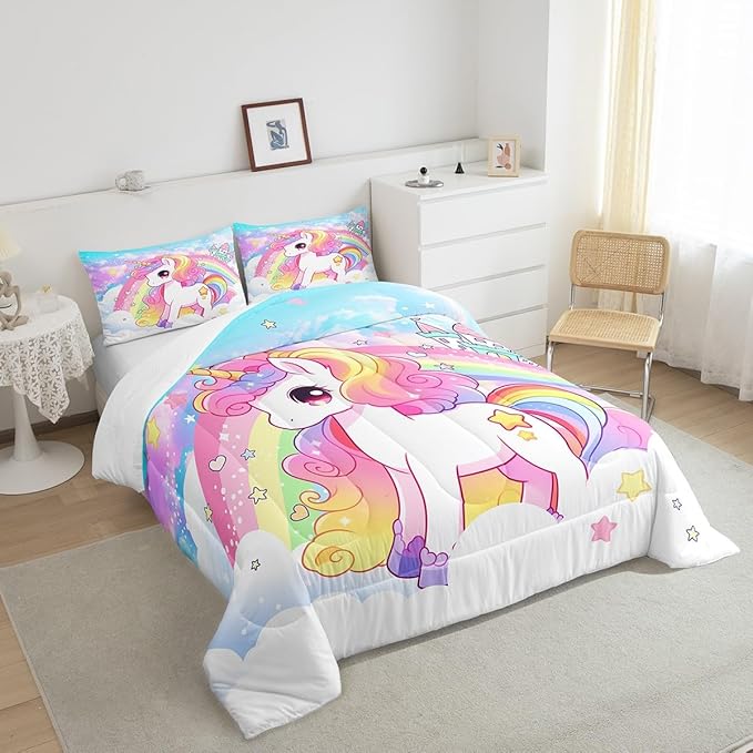 Manfei Cute Unicorn Kids Comforter Set Twin Size,Rainbow Stars Cloud Dreamy Bedding Set,Girls Women Room Decor,Cartoon Animals Castle Girly Down Comforter,Pink Blue Unique Duvet Insert,1 Pillowcase - LeafyLoom