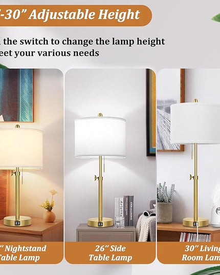 Table Lamp Set of 2, Bedside Lamp with 2 USB Ports, Gold Tall Table Lamp for Living Room End Tables, 23" to 30" Height Adjustable Table Lamp for Bedroom, Farmhouse Table Lamps with Pull Chain, E26 - LeafyLoom