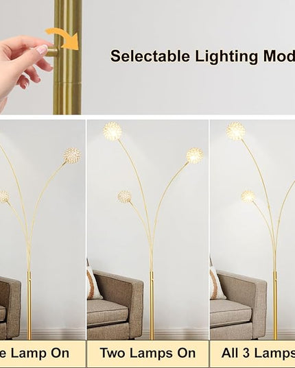 DLLT Floor Lamps for Living Room, 3-Light Gold Arc Standing Lamp, 86.6" Modern Tall Tree Floor Lamp with Adjustable Arms, Multi-Head LED Floor Lamps for Bedroom, Study, Office, G9 Bulbs Included - LeafyLoom