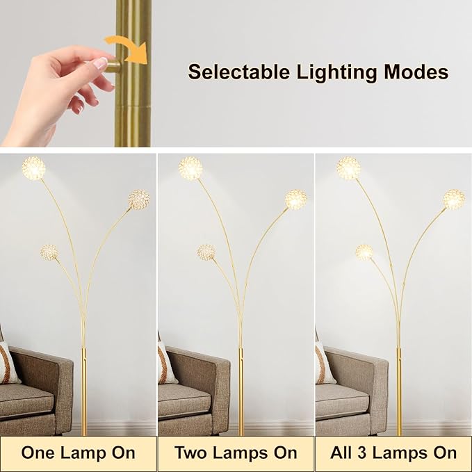 DLLT Floor Lamps for Living Room, 3-Light Gold Arc Standing Lamp, 86.6" Modern Tall Tree Floor Lamp with Adjustable Arms, Multi-Head LED Floor Lamps for Bedroom, Study, Office, G9 Bulbs Included - LeafyLoom