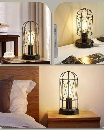 Small Touch Table Lamp Set of 2, 3 Way Dimmable Industrial Bedside Lamp with AC Outlet Rustic Steampunk Nightstand Lamp for Bedroom Living Room Office, LED Bulb Included - LeafyLoom
