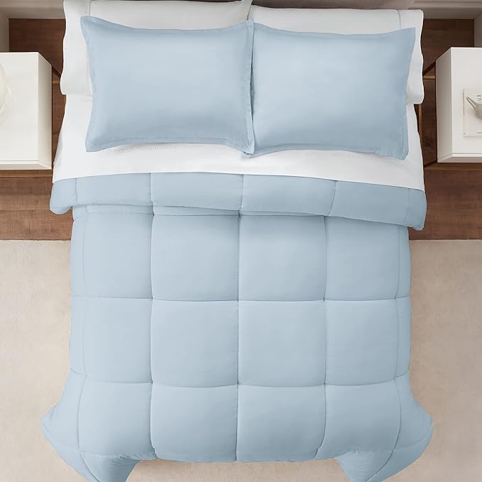 SERTA Simply Clean Ultra Soft Hypoallergenic Solid 3 Piece Comforter Set, King, Light Blue - LeafyLoom