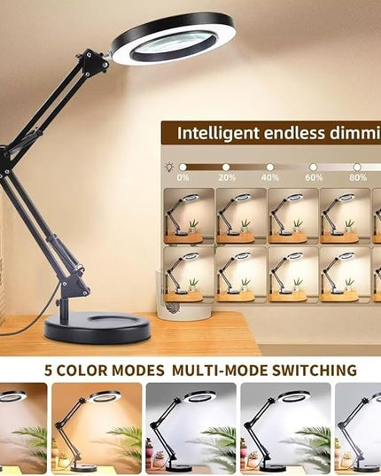 Magnifying Glass with Light and Stand - Lighted Magnifying Glass Magnifying Lamp 5 Color Modes Stepless Dimmable 2-in-1 Hands Free Magnifier with Light Magnifying Glass for Close Work Reading Repair - LeafyLoom