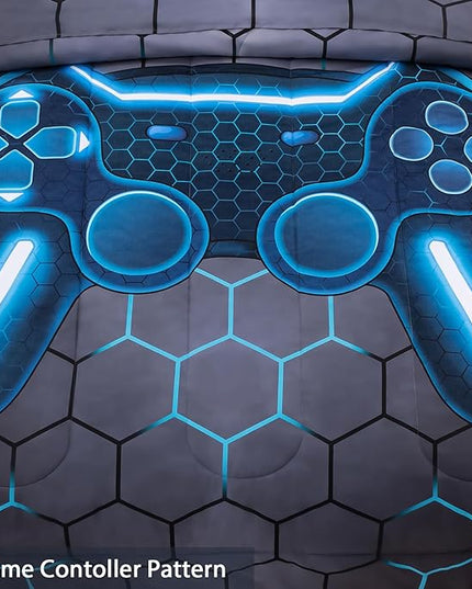 8Pcs Game Console Comforter Set with Sheets for Boys Girls Kids Teens, Geometric Gaming Themed Bed in A Bag Twin Size, Blue 3D Video Gamer Controller Bedroom Decor Bedding Set-Blue - LeafyLoom