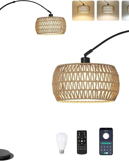 Arc Floor Lamps for Living Room with 3 Color Temperatures, Black Standing Lamp with Remote & Dimmable LED Bulb, Rattan Boho Floor Lamp, Farmhouse Tall Lamp for Bedroom, Over Couch Arched Reading Light - LeafyLoom