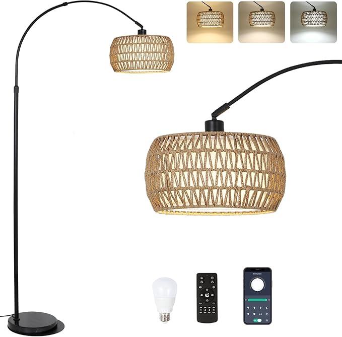 Arc Floor Lamps for Living Room with 3 Color Temperatures, Black Standing Lamp with Remote & Dimmable LED Bulb, Rattan Boho Floor Lamp, Farmhouse Tall Lamp for Bedroom, Over Couch Arched Reading Light - LeafyLoom