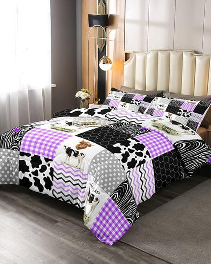 Erosebridal Cute Cow Print Comforter Set Queen Size Kawaii Highland Cow Bedding Set Bedroom Decor Honeycomb Plaid Pattern Geometric Stripes Down Comforter Farm Animals Duvet Set, Purple Black Grey - LeafyLoom