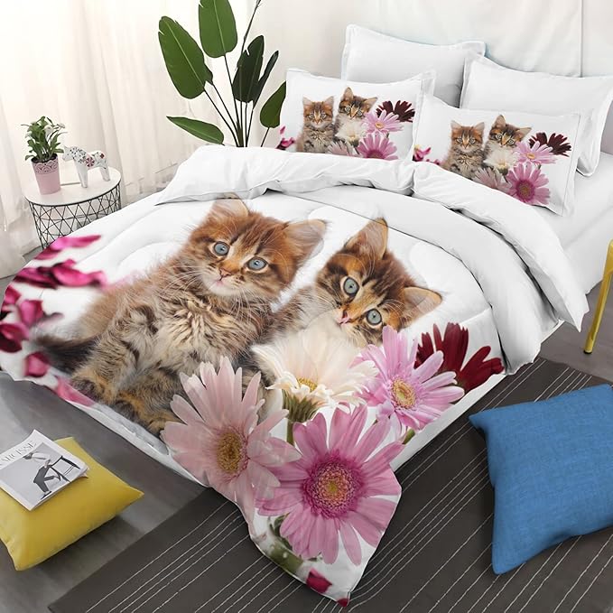 Cat Comforter Set Queen Size for Kids Pink Flowers Cats 3Pcs Bedding Set for boys and Girls (1Summer Comforter+ 2 Pillowcases) Lovely Animal Pets Duvet Set - LeafyLoom