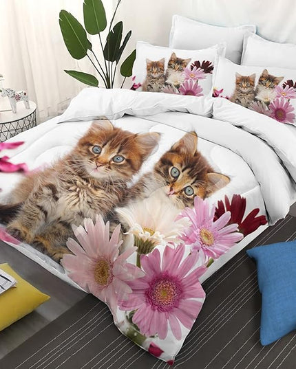 Cat Comforter Set Twin Size for Kids Pink Flowers Cats 3Pcs Bedding Set for boys and Girls (1Summer Comforter+ 2 Pillowcases) Lovely Animal Pets Duvet Set - LeafyLoom