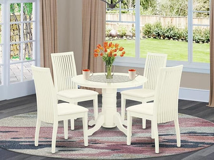 East West Furniture SHIP5-WHI-C 5 Piece Dining Room Furniture Set Includes a Round Kitchen Table with Pedestal and 4 Linen Fabric Upholstered Dining Chairs, 42x42 Inch, Linen White - LeafyLoom