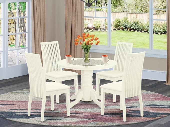 East West Furniture SHIP5-WHI-C 5 Piece Dining Room Furniture Set Includes a Round Kitchen Table with Pedestal and 4 Linen Fabric Upholstered Dining Chairs, 42x42 Inch, Linen White - LeafyLoom